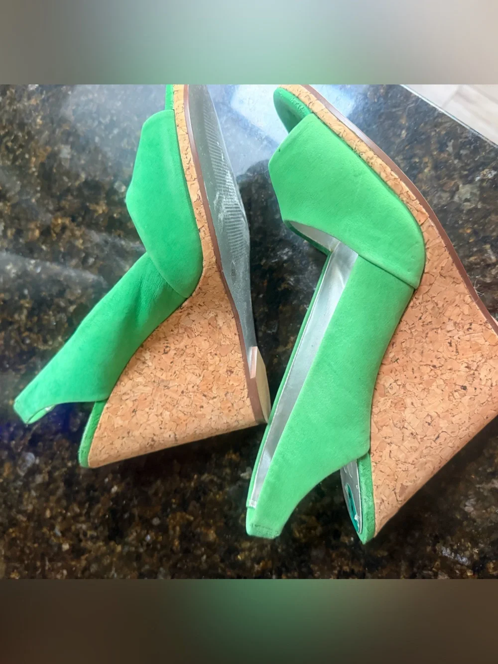 Green Suede Cork Wedge Peep-Toe Heels